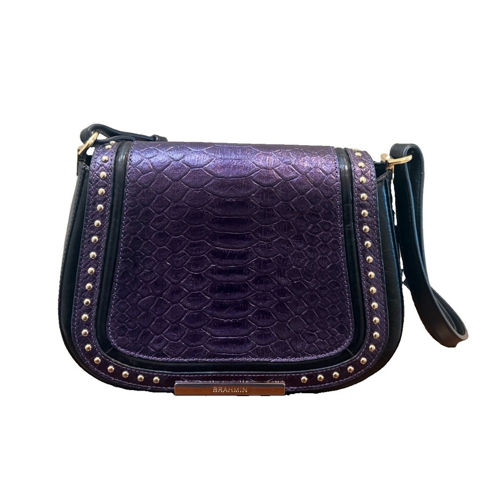 Brahmin Leather Crossbody Purse Iridescent Purple Exotic Textured Studded Flap